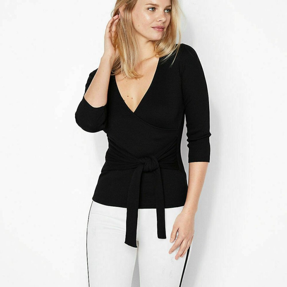 Express One Eleven Modern Rib Wrap Front Tee Black
